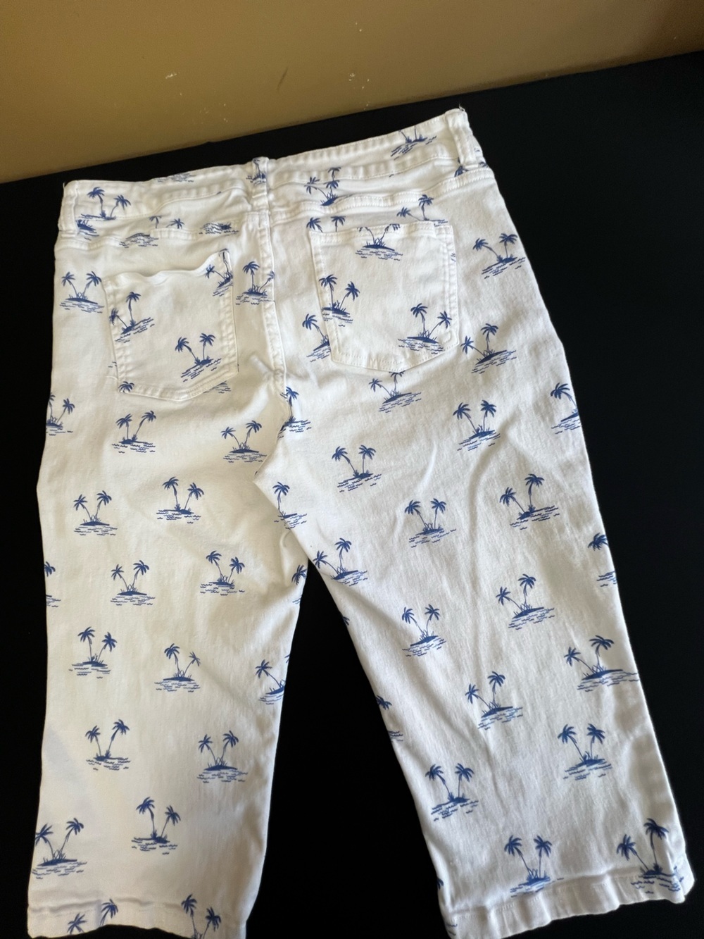CHAPS WHITE DENIM CAPRIS W/BLUE PALM
TREES. STRETCHY SIZE 10.  5 POCKETS